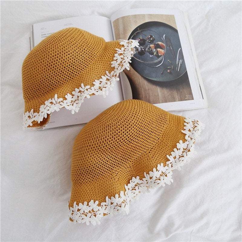 Bucket Straw Hat with Floral Lace for Women and Girls.