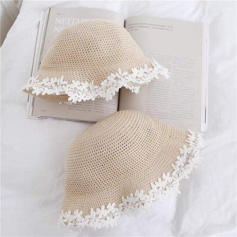 Bucket Straw Hat with Floral Lace for Women and Girls.