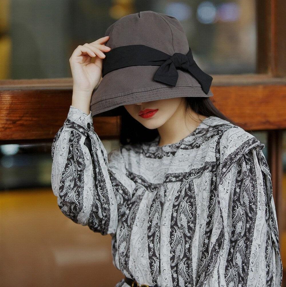 Wide Brim Bucket Hat with Bow Tie - Jovvsd
