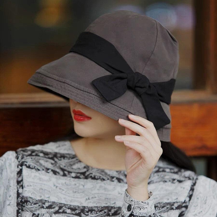 Wide Brim Bucket Hat with Bow Tie - Jovvsd