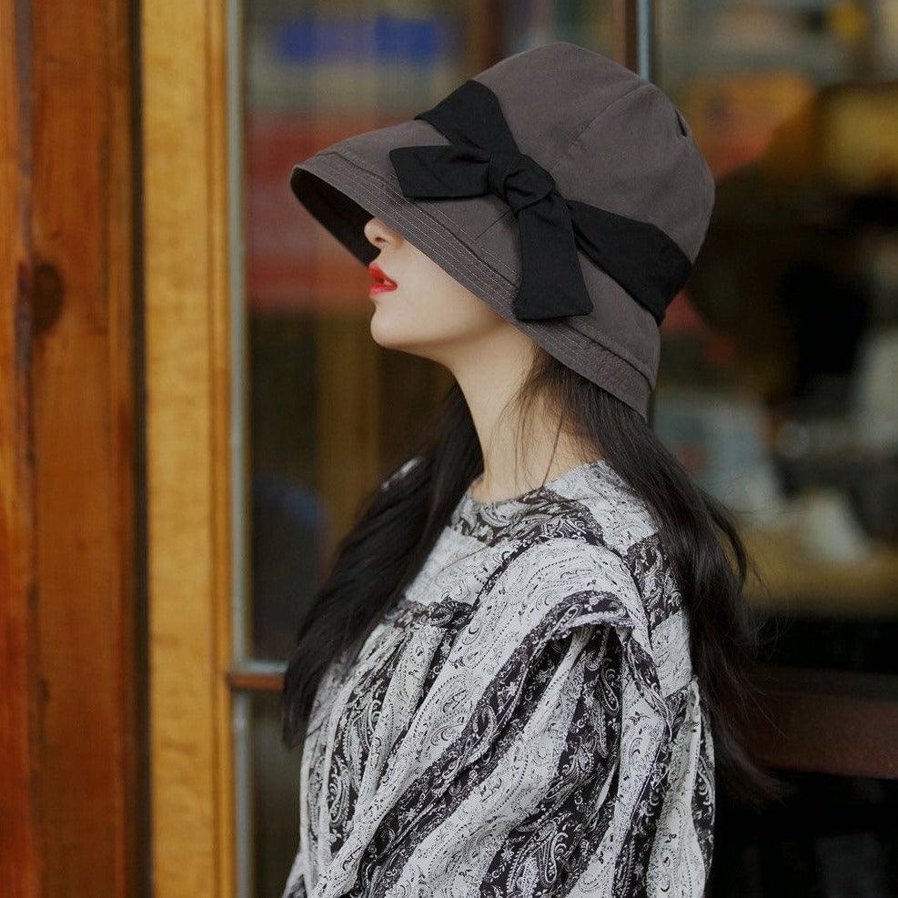 Wide Brim Bucket Hat with Bow Tie - Jovvsd