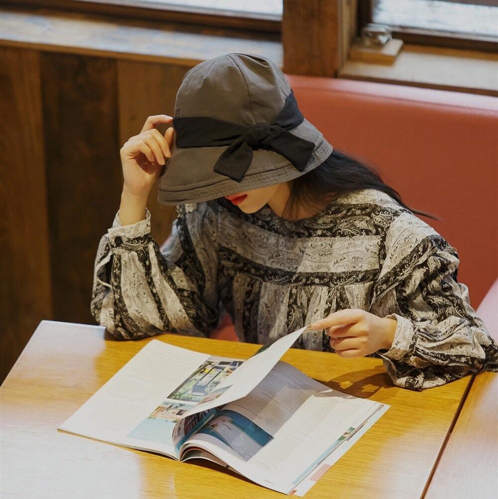 Wide Brim Bucket Hat with Bow Tie - Jovvsd