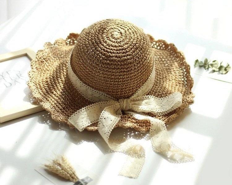 Straw Hat with Bow Tie for Women Girl.