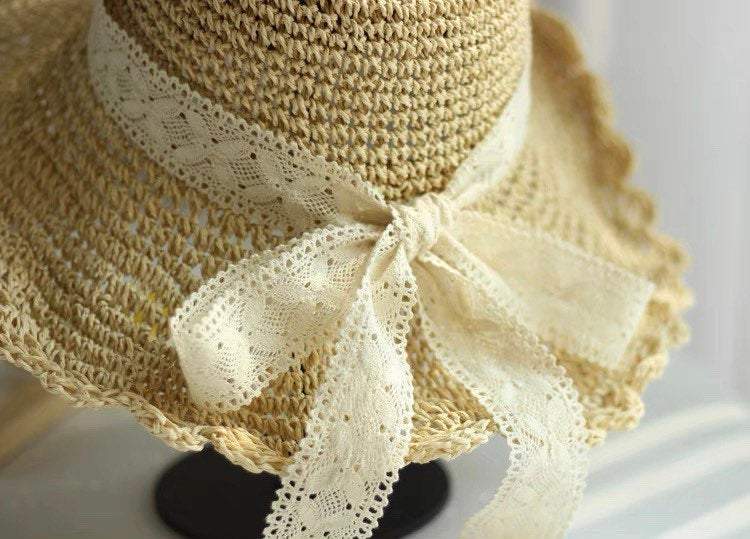 Straw Hat with Bow Tie for Women Girl.