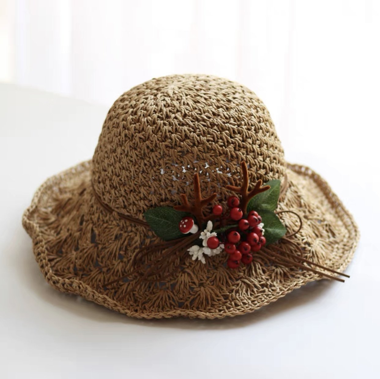 Straw Hat with Red Berries and Antler for Women/Girls.