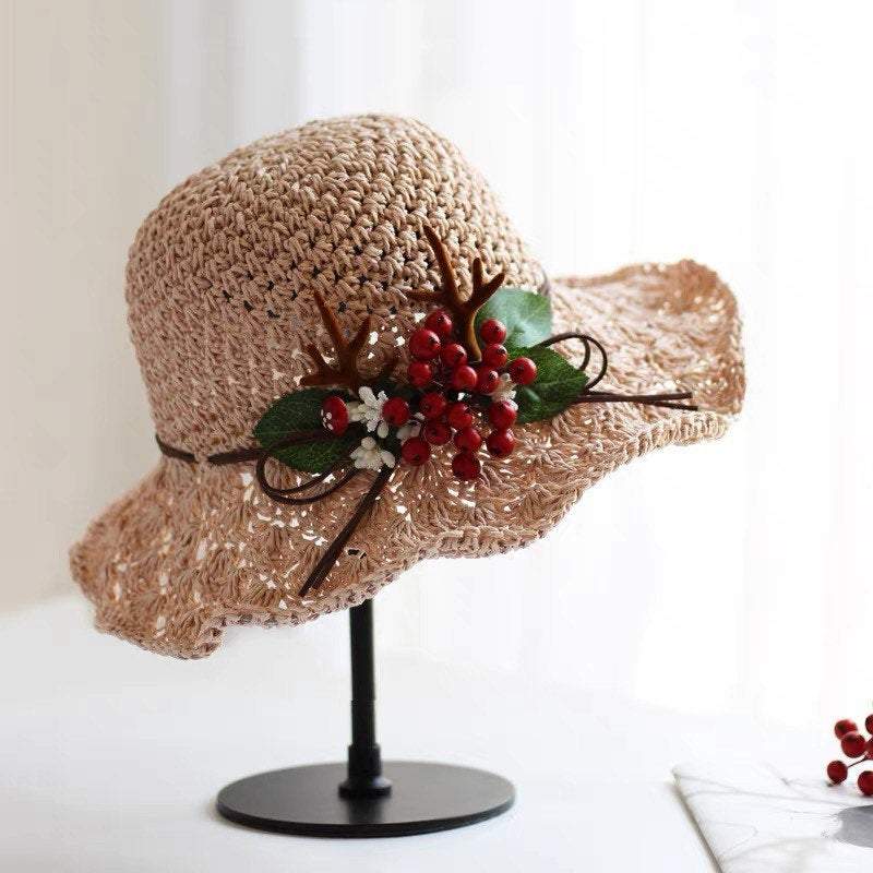 Straw Hat with Red Berries and Antler for Women/Girls.