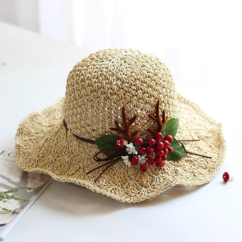 Straw Hat with Red Berries and Antler for Women/Girls.