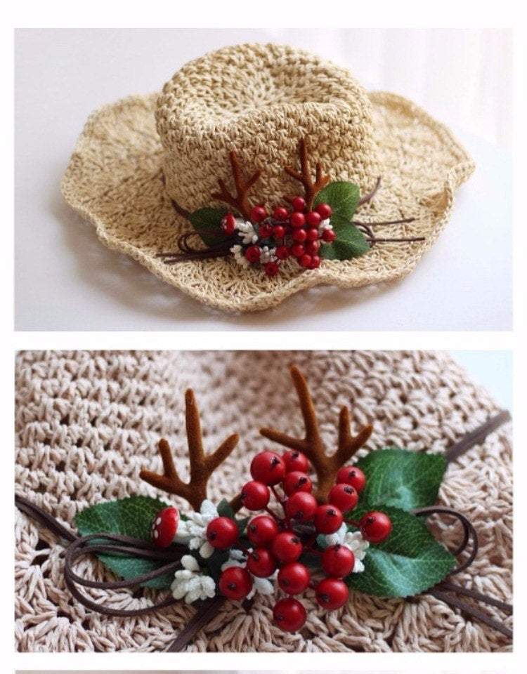 Straw Hat with Red Berries and Antler for Women/Girls.