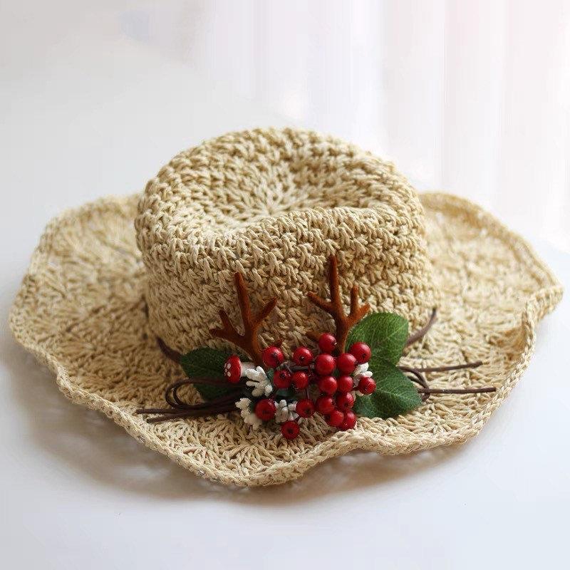Straw Hat with Red Berries and Antler for Women/Girls.